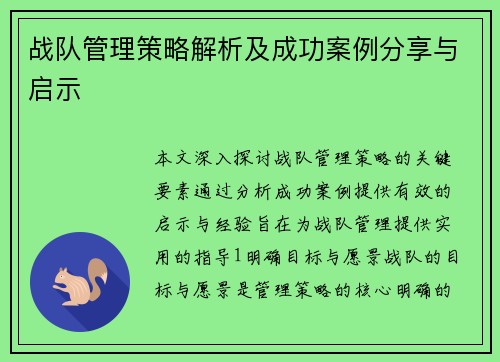 战队管理策略解析及成功案例分享与启示