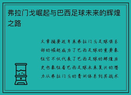 弗拉门戈崛起与巴西足球未来的辉煌之路
