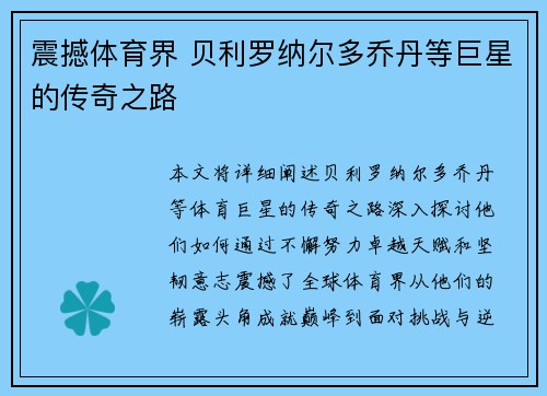 震撼体育界 贝利罗纳尔多乔丹等巨星的传奇之路